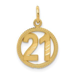 14k Yellow Gold Diamond Cut Number 21 Circle Charm or Pendant, 13mm